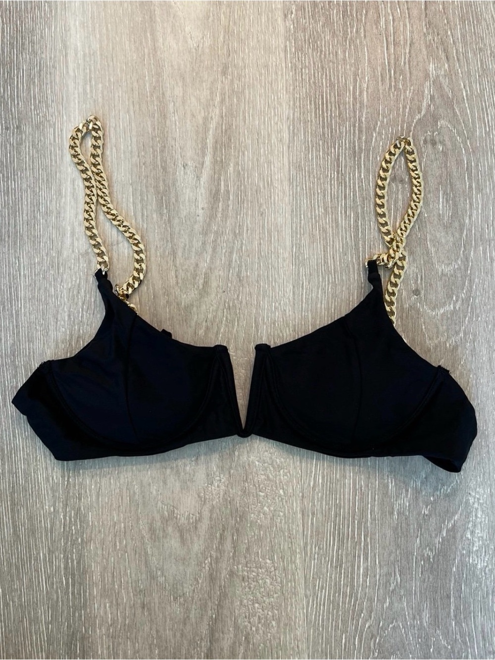NWOT Balconette Black Bikini Top with Gold Chain Straps